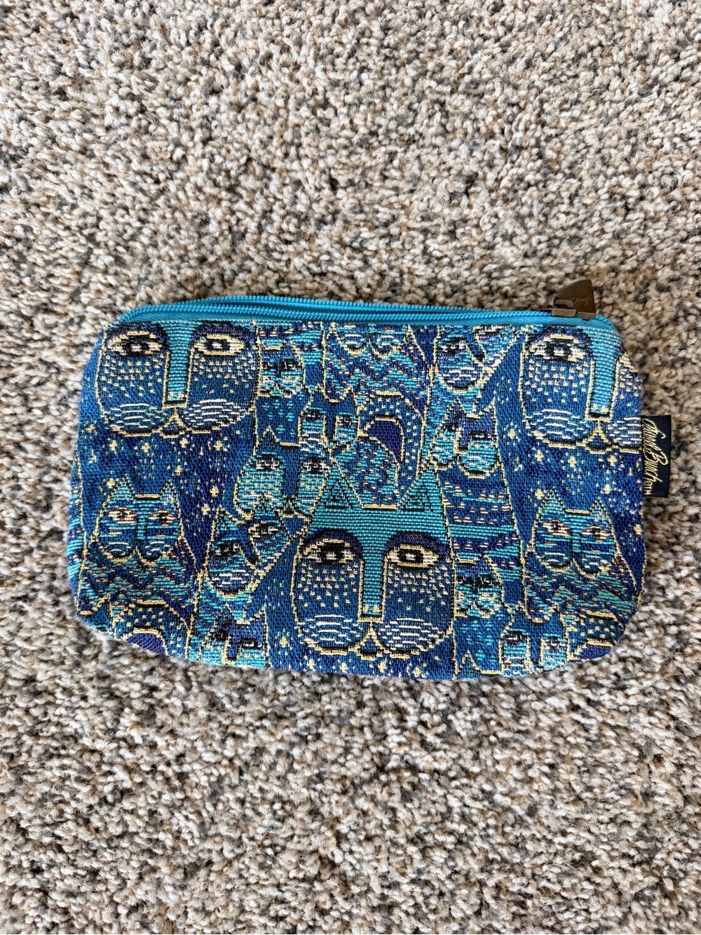 Laurel Burch Teal and Navy Cat Motif Cosmetic Pouch
